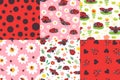 Cartoon ladybug seamless pattern. Ladybird texture, ladybugs in flowers and cute red bug vector illustration set Royalty Free Stock Photo