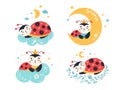 Cartoon Ladybug vector set Cute sleeping ladybird