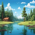 Cartoon Lagoon: A Highly Detailed Log Cabin In A Pine Tree Forest