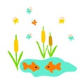 Cartoon lake with fishes, reed, butterfly icon isolated