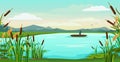 Cartoon lake landscape. Fisherman fishing in boat on pond with reeds, catching fish. Nature vector background Royalty Free Stock Photo