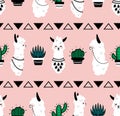 Cartoon lama pattern. Seamless texture of cute alpaca head with ornamental elements and cactus, funny llama Scandinavian