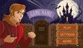 Cartoon landing page for a computer game. A fantasy character who approaches a mysterious castle. Gothic cemetery and gloomy ruins