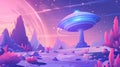 Cartoon landing page with ufo spaceship on alien planet surface. Travel to universe, galaxy explore futuristic