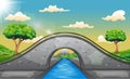 Cartoon landscape with arch bridge and mountains background