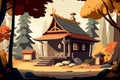 Cartoon landscape of Asian house in the forest. For your design