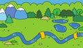 Cartoon Landscape Background with River, Meadow, Forest and Mountains. Vector Nature Illustration Royalty Free Stock Photo