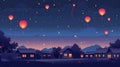 Cartoon landscape of Chinse village with traditional houses, glow lanterns along the street, and flying red paper