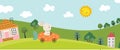 Cartoon landscape with cute bunny drive carrot car. Nature childish banner, smiling sun and rabbit. Village vector Royalty Free Stock Photo