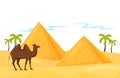 Landscape of desert with Egyptian pyramids, palm trees, brown camel and sand. Natural scenery. Flat vector design Royalty Free Stock Photo