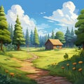 Cartoon Landscape With Path And Cabin: Nature-inspired Brushwork