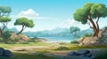 Cartoon Landscape Game Asset: Prehistoric Bay With Trees And Stones Royalty Free Stock Photo
