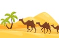 Cartoon landscape of hot desert with three brown camels, green palm trees and large sandy hills. Flat vector design Royalty Free Stock Photo