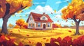 Cartoon landscape illustration of a house in an autumn forest landscape. Erotic drawing of a cabin home with a tree Royalty Free Stock Photo