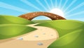 Cartoon landscape illustration. Sun. cloud, mountain, hill.