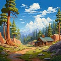 Cartoon Landscape With Isolated Mountain Hut And Pine Trees Royalty Free Stock Photo