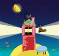 Cartoon landscape with lighthouse, night sea and starry sky