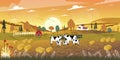 Cartoon landscape of Mid Autumn with sunrise view on harvested field with farmhouse, wood barn,cows and straw bales in the