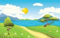 Cartoon landscape. Mountains, sea or lake, trees and dirt road. Blue sky with clouds and sun. Vector Illustration. Royalty Free Stock Photo