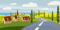 Cartoon landscape with road, higway, countryside and summer, sea, sun, trees, willage, houses. Trip, vacation, travel