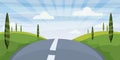 Cartoon landscape with road, higway and summer, sea, sun, trees. Trip, vacation, travel. Vector illustration, isolated