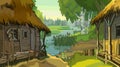 Cartoon landscape rustic hut by the river