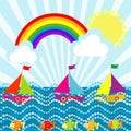 Cartoon landscape with sailing boats and rainbow