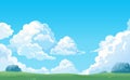 Cartoon landscape with white clouds on sky. Background with cloud and beautiful field, summer green country hill, meadow