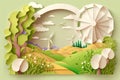 Cartoon landscape. Windmill in grass field, blue sky, flowers in summer or spring. Good for banner. Royalty Free Stock Photo