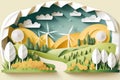 Cartoon landscape. Windmill in grass field, blue sky, flowers in summer or spring. Good for banner. Royalty Free Stock Photo
