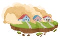 Cartoon landslide, natural disaster. Mountain avalanche, dust clouds with stones extreme cataclysm disaster flat vector