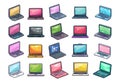 Cartoon laptops colorful icons, laptop perspective front view cute notebook portable computer set isolated vector Royalty Free Stock Photo