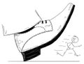 Cartoon of Large Foot Shoe Ready to Step Down on the Businessman Royalty Free Stock Photo