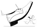 Cartoon of Large Foot Shoe Ready to Step Down on the Businessman