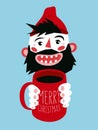 Cartoon laughing bearded man holds a mug with a hot drink in his hands. Vintage Christmas card or poster design. Retro vector illu