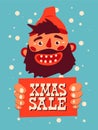 Cartoon laughing bearded man holds a sign with an inscription. Vintage Christmas Sale poster design. Vector illustration. Royalty Free Stock Photo