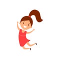 Cartoon laughing dark-haired girl jumping. Illustration happy child in red dress.