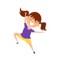 Cartoon laughing dark-haired girl jumping. Illustration happy child in violet t-shirt and yellow shorts.