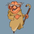 Cartoon laughing elderly man in a hoodie with a cane in his hand