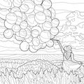 Cartoon lavender field and girl with big balloons sketch template. Flower meadow vector illustration in black and white Royalty Free Stock Photo