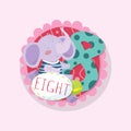 Cartoon learning card with cute elephant and number 8 eight . Round emblem in flat style. Colorful vector design for