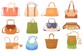 Cartoon leather handbags. Woman handbag with straps and chain accessories, fashion design model bag on shoulder, set