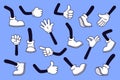 Cartoon legs and hands. Comic character gloved arm and feet in boots, retro doodle arms with different gestures, running Royalty Free Stock Photo