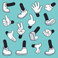 Cartoon legs hands. Leg in boots and gloved hand, gestures parts body comic feet in shoes different poses. Vector