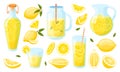 Cartoon lemonade. Lemon refreshing juice in glasses and jars. Refresh summer drinks with citrus pieces and mint in