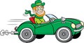Cartoon leprechaun driving a convertible sports car.
