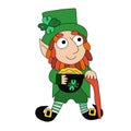 Cartoon leprechaun with four leaf clover, pot of gold and shillelagh stock vector illustration Royalty Free Stock Photo