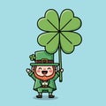 Cartoon Leprechaun Holding Four-Leaf Clover for St. Patricks Day Royalty Free Stock Photo