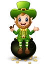 Cartoon Leprechaun sitting on pot of gold