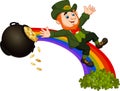 Cartoon leprechaun sliding down the rainbow
